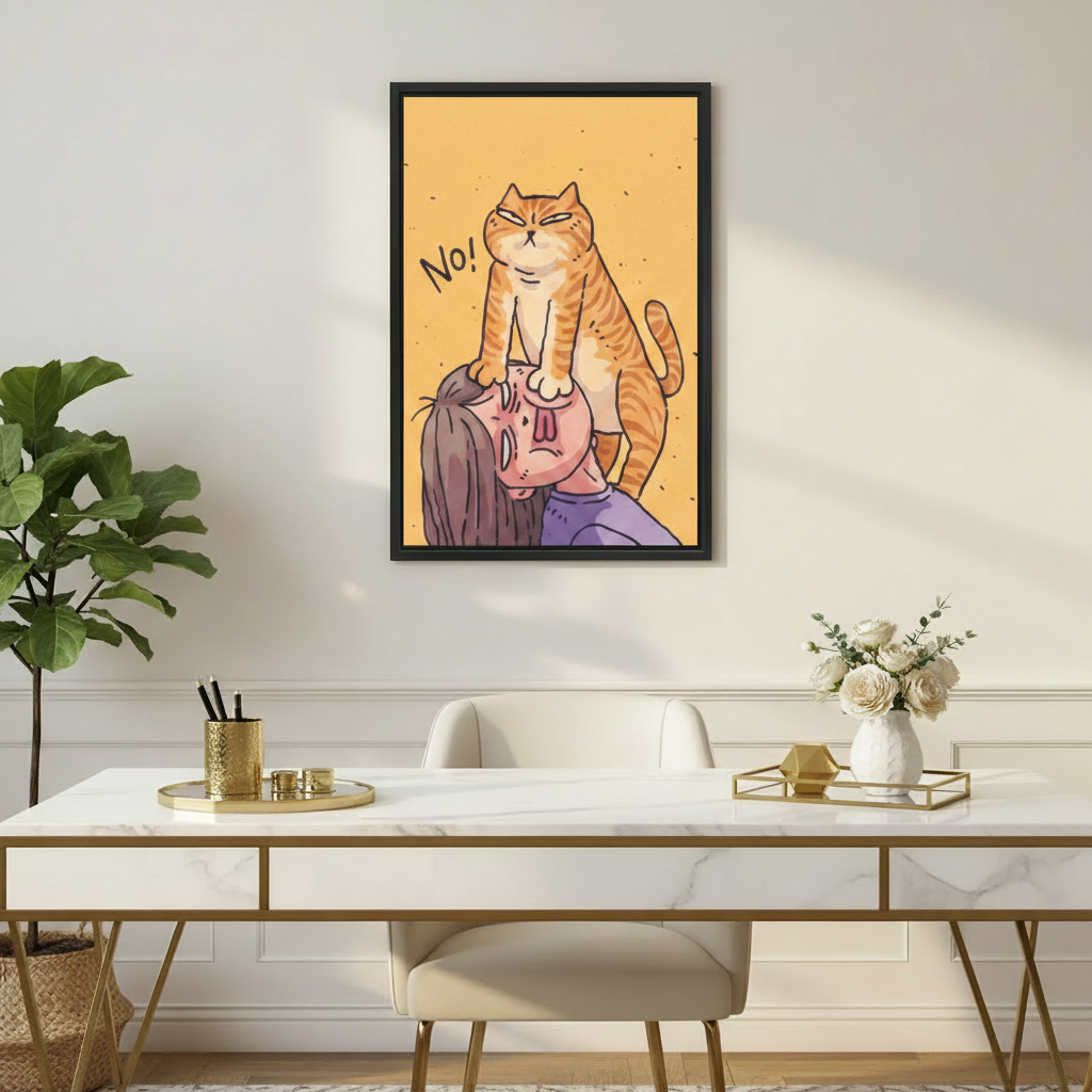 Whimsical cat illustration framed canvas print hanging above marble desk in elegant home office