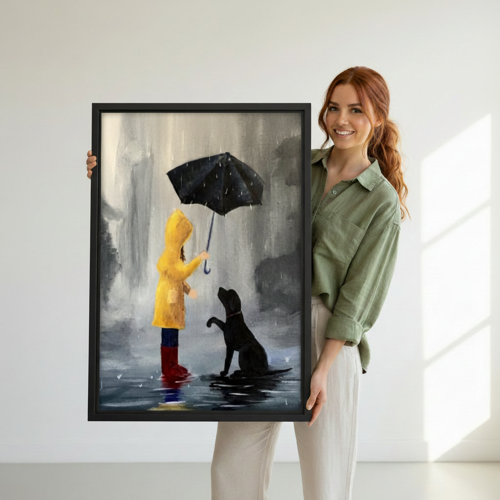 Girl in Yellow Raincoat & Black Dog Rainy Day Framed Canvas Wall Art — held by model