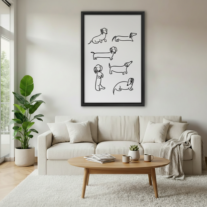 Framed dachshund line art print above white sofa – minimalist wiener dog wall art for modern living room