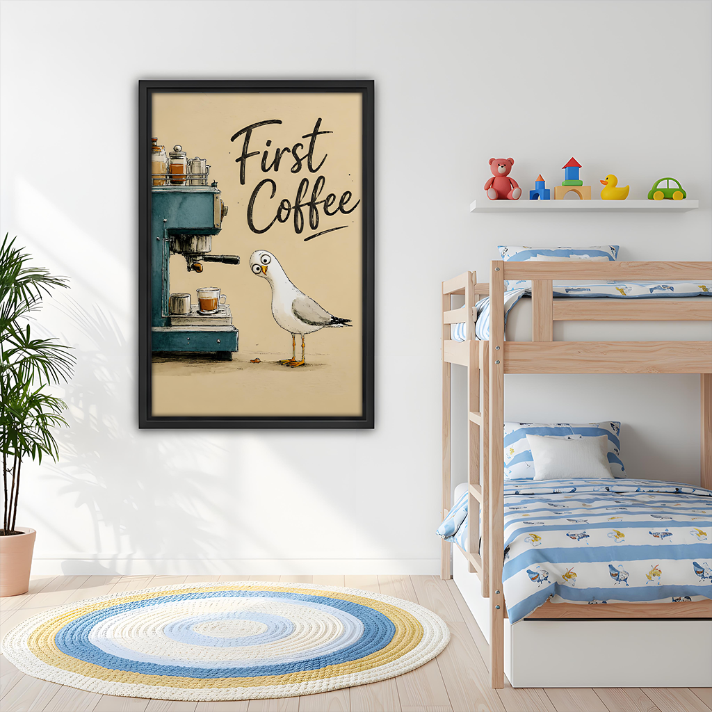 First Coffee Funny Seagull Framed Wall Art Print l2996