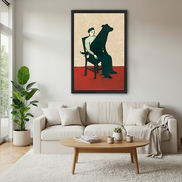 Retro modern man greyhound dog duo framed canvas print above beige sofa – mid-century art poster wall art for living room