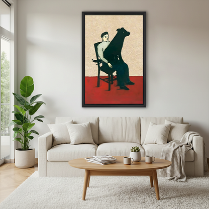 Retro modern man greyhound dog duo framed canvas print above beige sofa – mid-century art poster wall art for living room