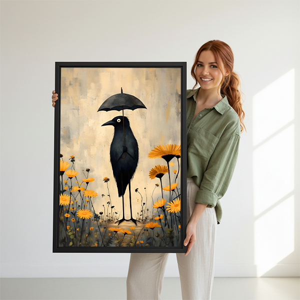 Framed whimsical crow umbrella canvas wall art hanging above a warm-toned bedroom bed
