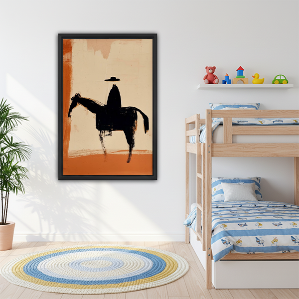 Minimalist cowboy silhouette framed print in kids bedroom with bunk bed — abstract western wall art
