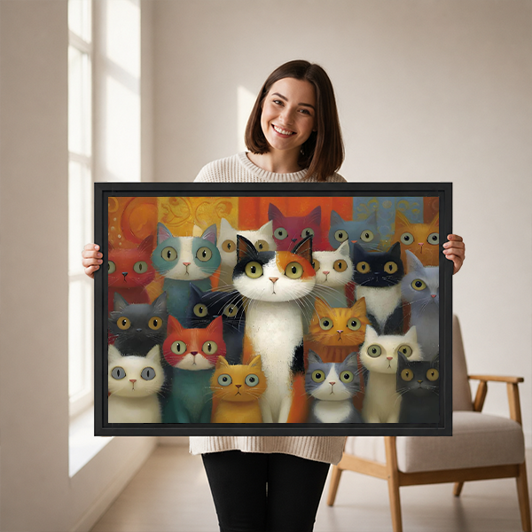 Black-framed colorful cats canvas wall art in warm orange and teal tones above a wooden console and lantern.