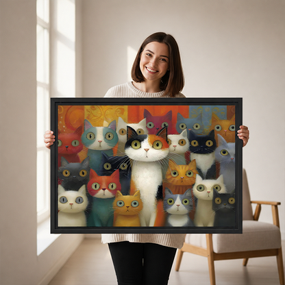 Black-framed colorful cats canvas wall art in warm orange and teal tones above a wooden console and lantern.