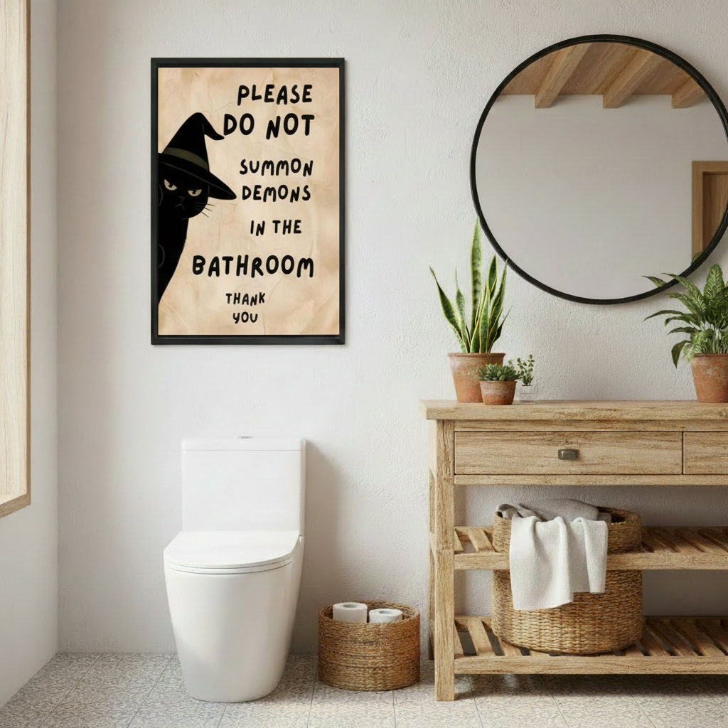 Funny witch cat bathroom framed wall art, black frame, rustic wood bathroom with round mirror
