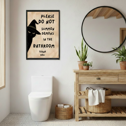 Funny witch cat bathroom framed wall art, black frame, rustic wood bathroom with round mirror

