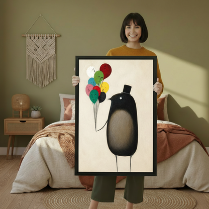 Black Bird in Top Hat with Colorful Balloons Framed Poster – Quirky Surrealist Wall Art for Bedroom