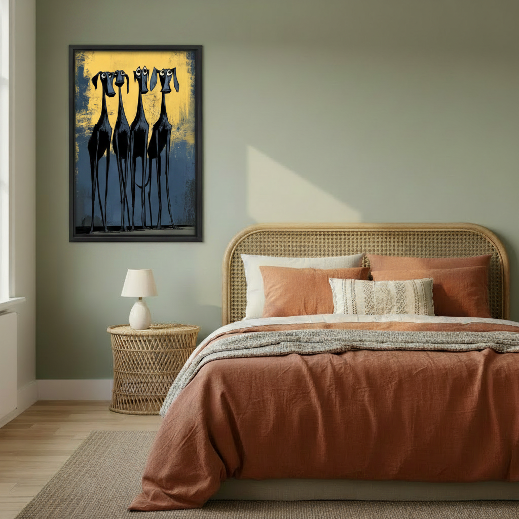 Framed quirky greyhound art print hanging in bedroom, humorous long-legged dog wall decor in yellow and dark blue