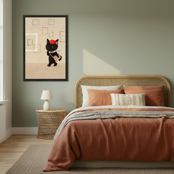 Chic black cat beret bubble tea retro framed wall art in boho bedroom with rattan headboard and sage green walls