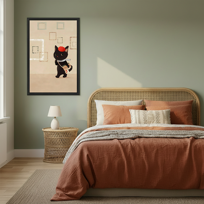 Chic black cat beret bubble tea retro framed wall art in boho bedroom with rattan headboard and sage green walls