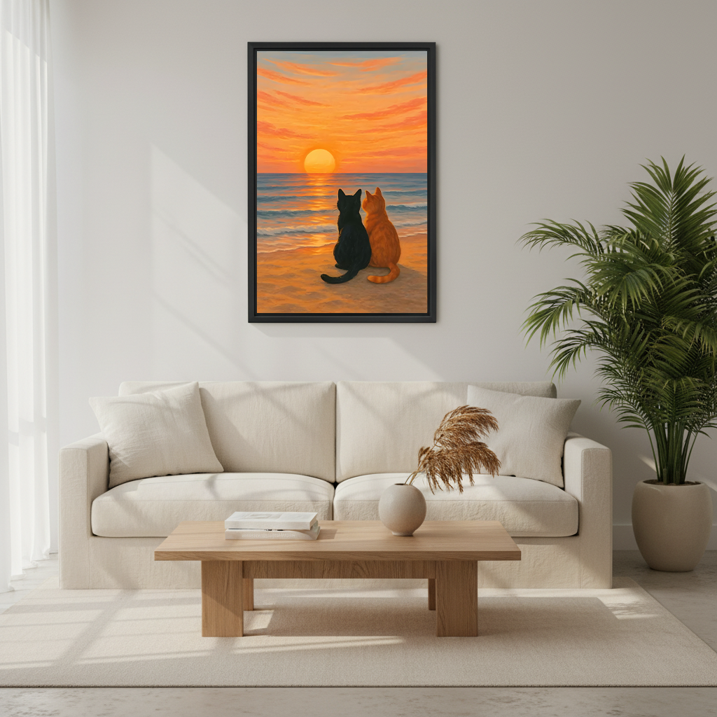 Two cats watching sunset on beach oil painting framed canvas wall art above white sofa in bright minimalist living room