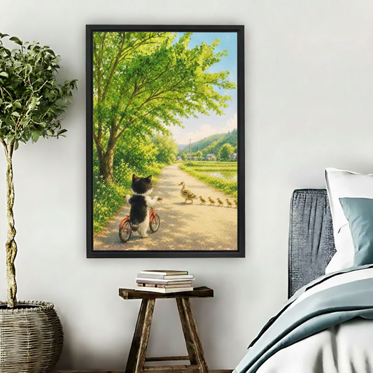 Cat and ducks countryside framed wall art in bedroom next to bed with blue pillows