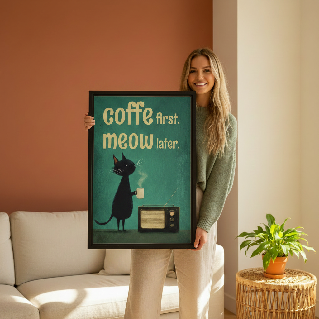 Woman holding large framed funny black cat coffee first meow later vintage teal wall art print in black frame showing actual print size in terracotta living room with cream sofa and green plant