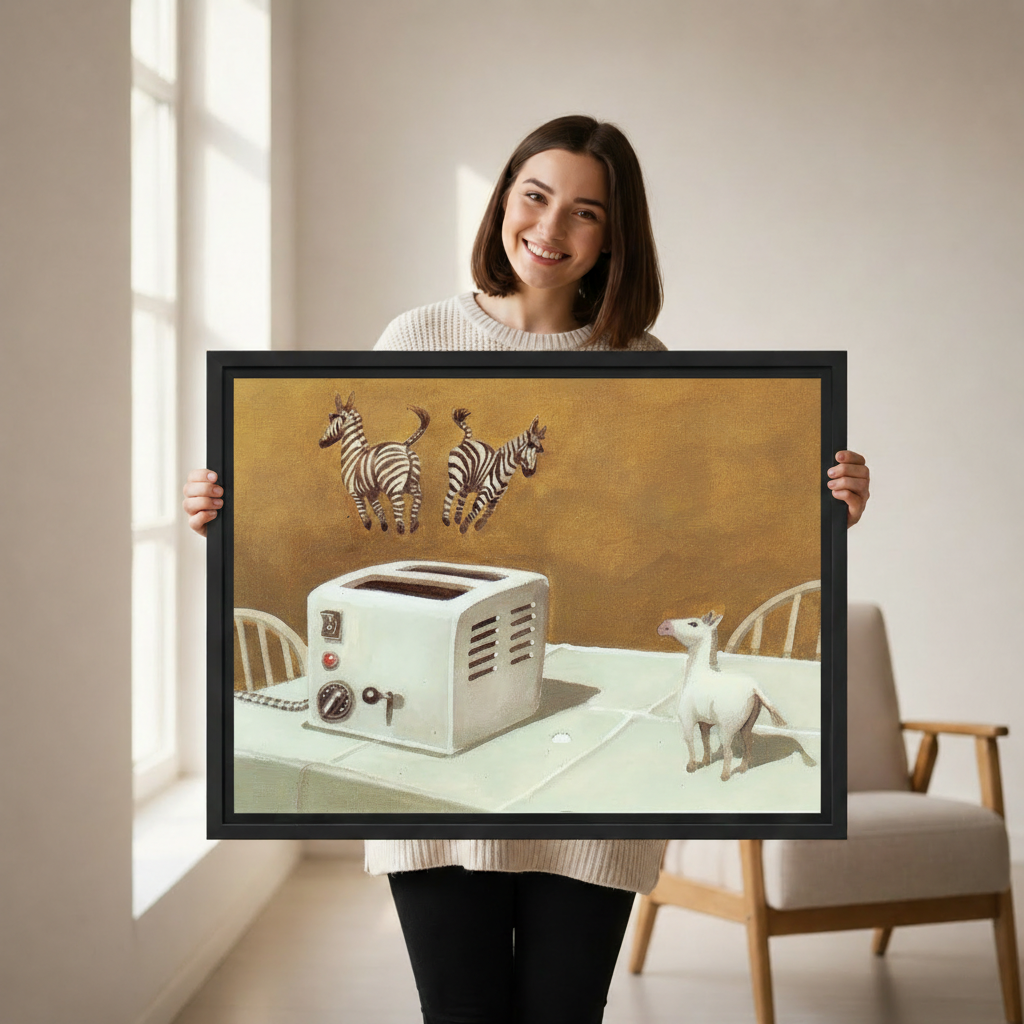 Woman holding large surreal zebra toaster framed canvas wall art print — funny whimsical animal home decor