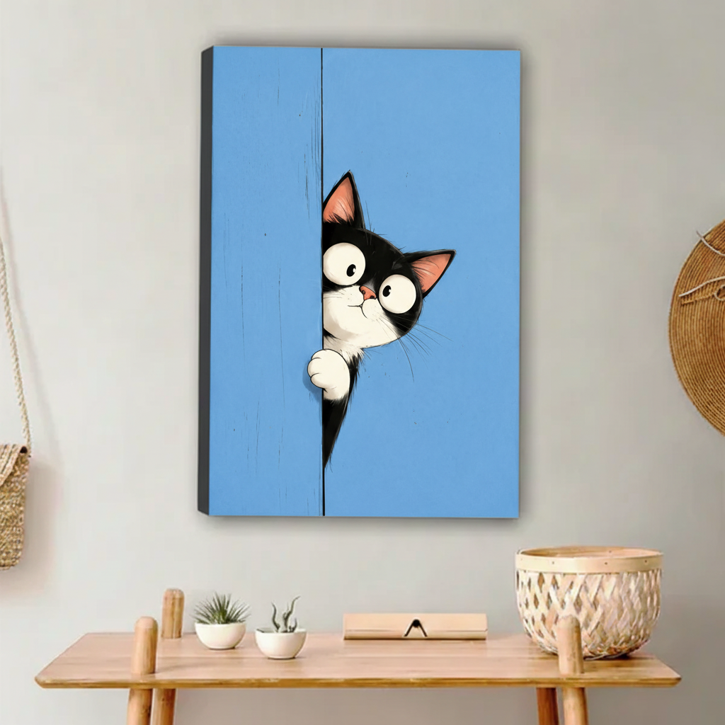 Black and white cat peeking canvas gallery wrap wall art in Scandinavian interior
