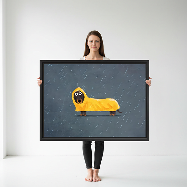 Woman holding large framed dachshund in raincoat canvas wall art size reference