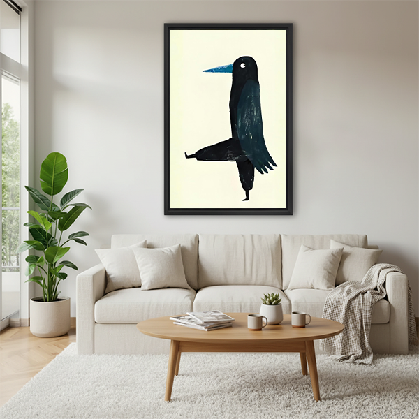 Zen black crow standing one leg minimalist framed wall art in black frame above cream sofa with round coffee table and throw blanket