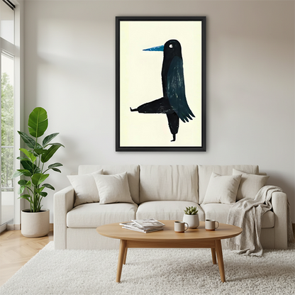 Zen black crow standing one leg minimalist framed wall art in black frame above cream sofa with round coffee table and throw blanket