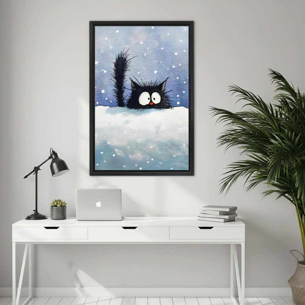 Funny black cat winter wall art in black frame above white desk in modern home office