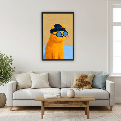 Cool chubby orange cat wearing round blue swimming goggles and black swim cap bold thick impasto oil painting style with golden yellow and light blue background framed wall art hung on white wall above light grey sofa with cream linen cushions teal accent pillow pampas grass white ceramic vase and wooden coffee table with open magazine