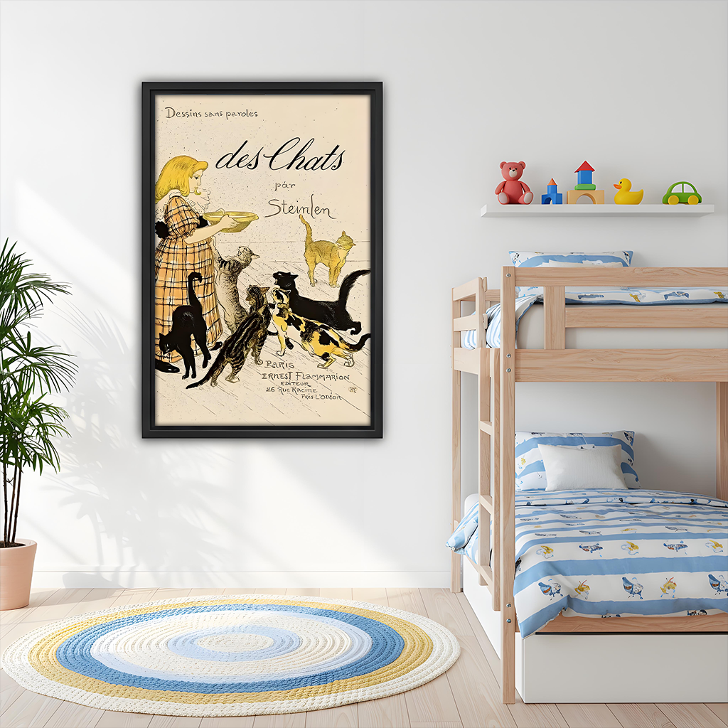Vintage Steinlen cat wall art hanging in a children's bedroom above a bunk bed