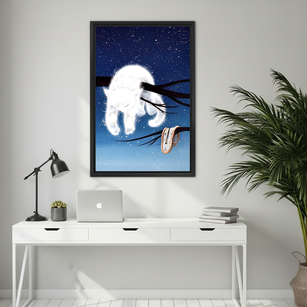 White cat starry night surreal framed wall art with melting clock hung above white desk with laptop and black task lamp in minimalist home office