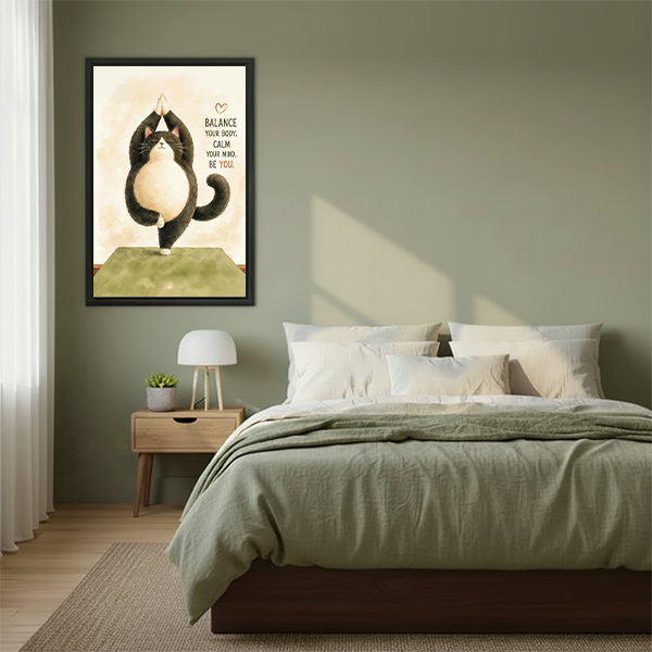 Cute yoga cat framed art print above bed in sage green bedroom with wooden nightstand