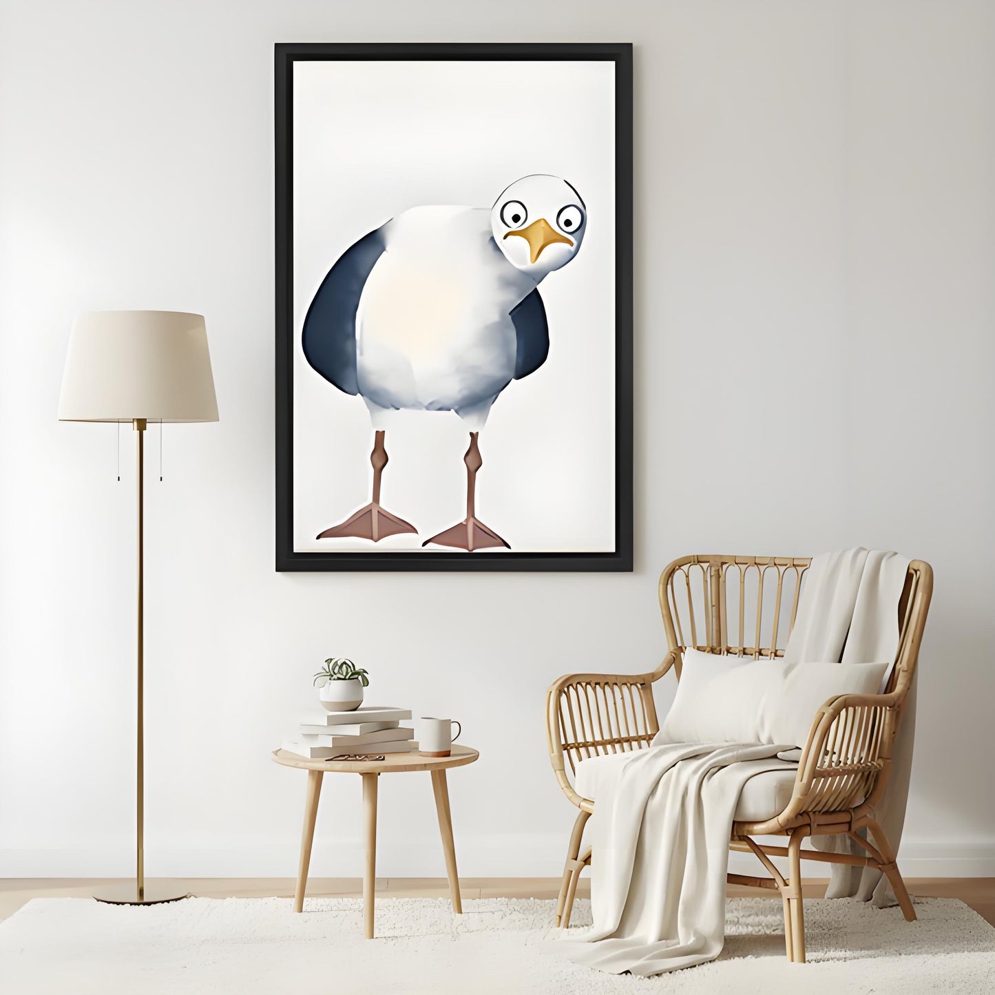 Humorous seagull wall art in black frame styled in cozy living room with rattan chair, whimsical bird print for coastal interior