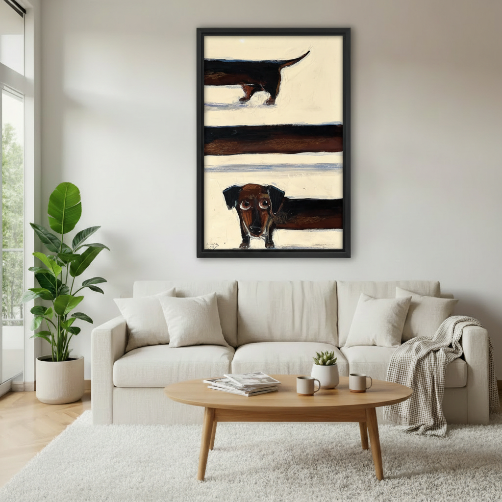  Funny dachshund dog framed art print above white sofa in Scandinavian living room