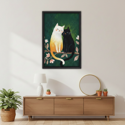 Whimsical black and white cat couple framed print displayed above wooden sideboard in Scandinavian-style living room
