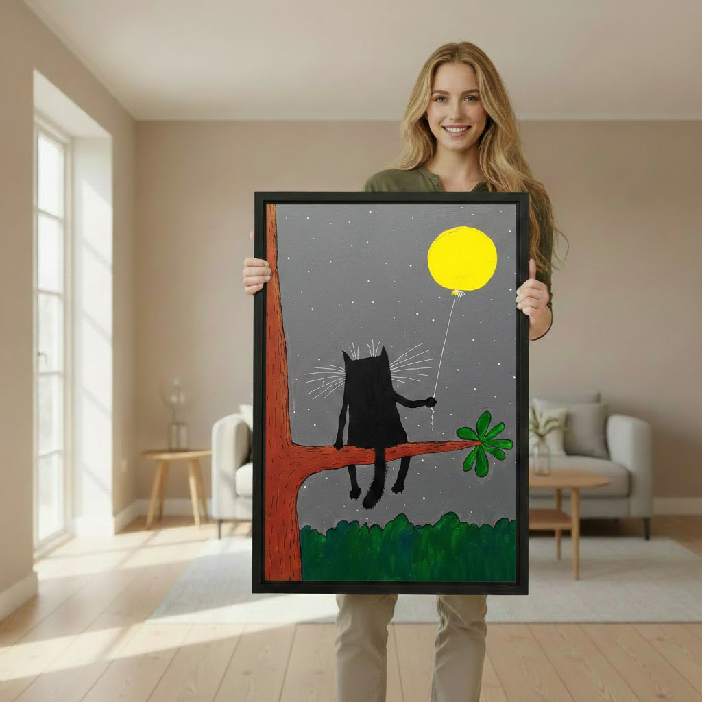 Cute black cat floating with yellow balloon, whimsical framed wall art print, bedroom and nursery decor
