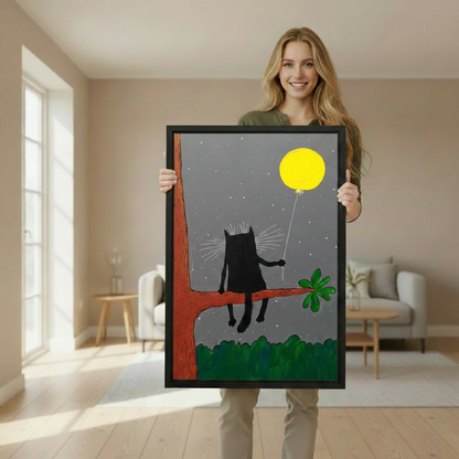 Cute black cat floating with yellow balloon, whimsical framed wall art print, bedroom and nursery decor