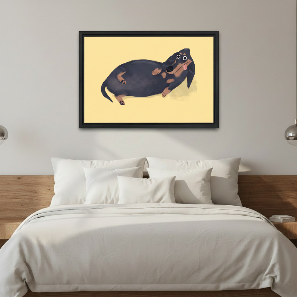 Chubby Dachshund Framed Canvas Wall Art - Funny Dog Print for Bedroom Decor