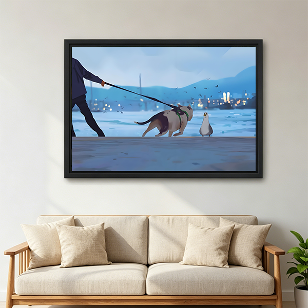 Dog Walk Seagull Standoff Digital Art Framed Canvas l2565