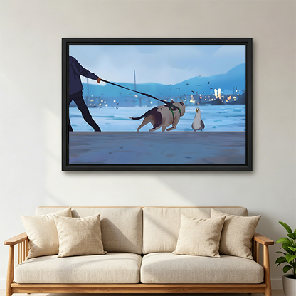 Dog Walk Seagull Standoff Digital Art Framed Canvas l2565