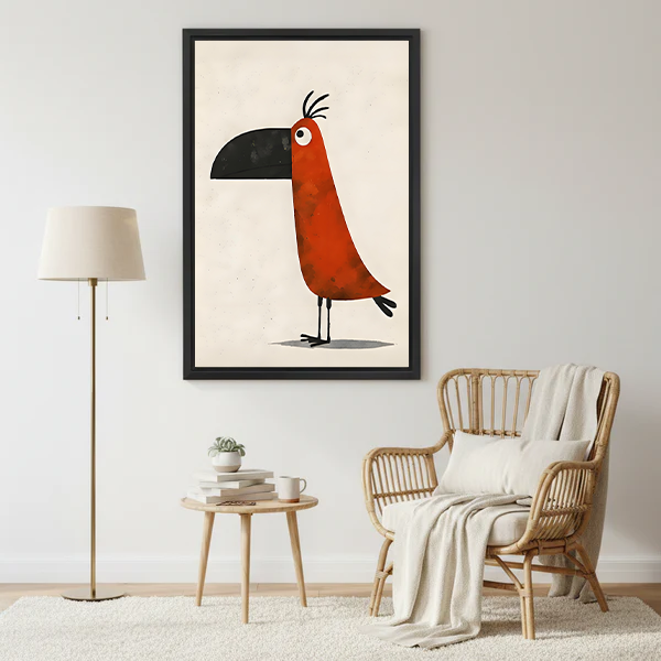 old whimsical toucan minimalist illustration wall art print in black frame beside a rattan armchair in a cozy living room