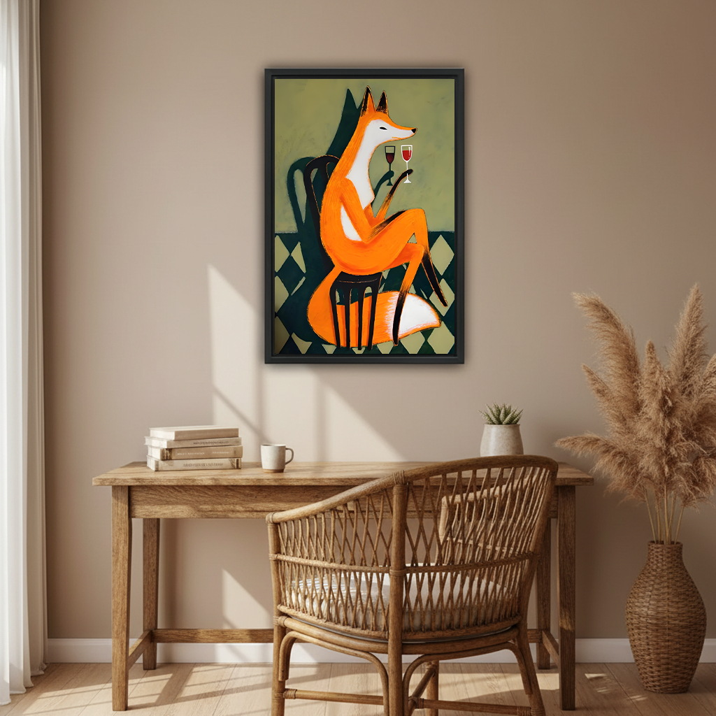 Smiling woman pointing at elegant fox wine mid-century modern framed canvas print on beige wall to show size in modern hallway with wood table