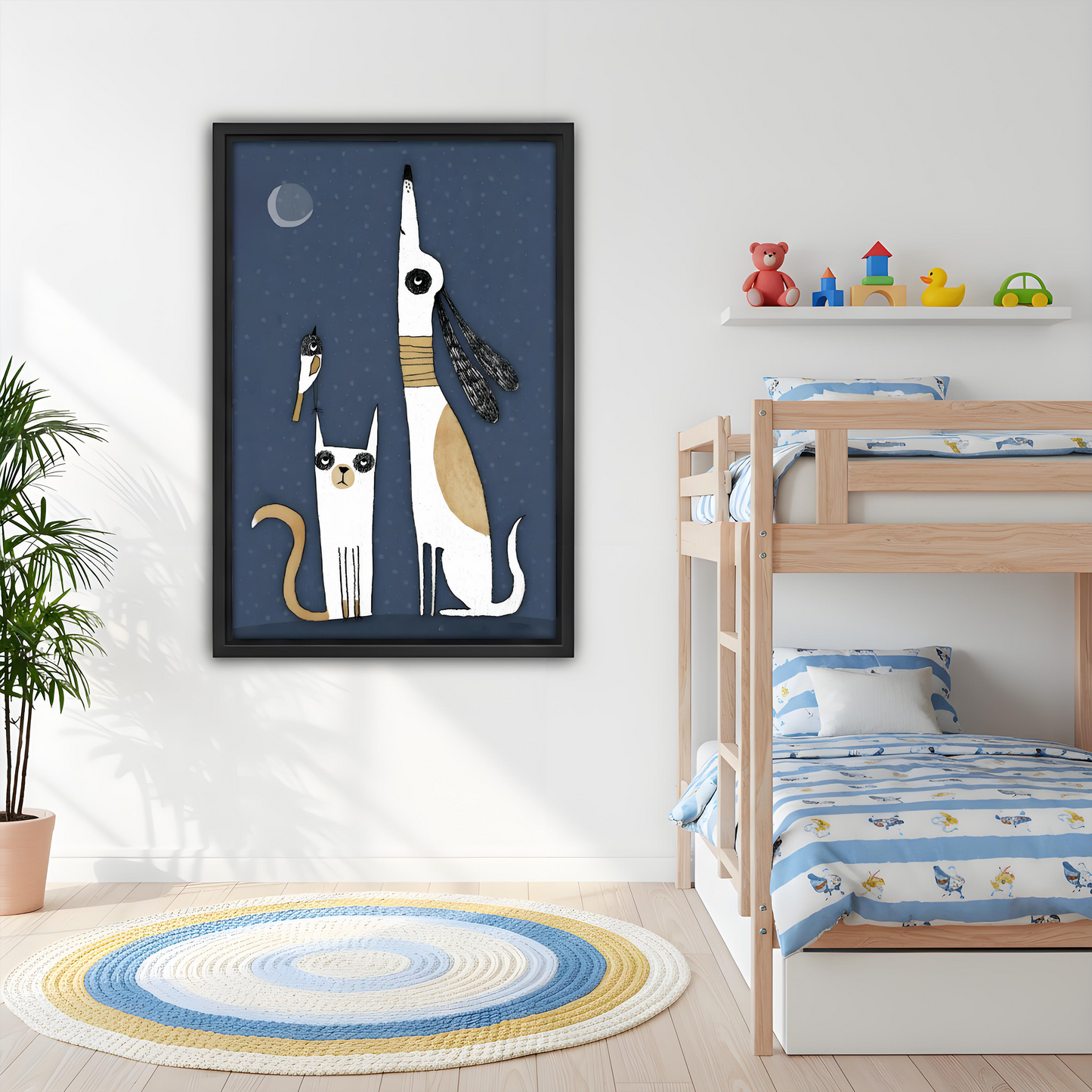 Whimsical cat dog howling moon framed wall art in kids bedroom, black frame, midnight blue nursery decor, above bunk bed