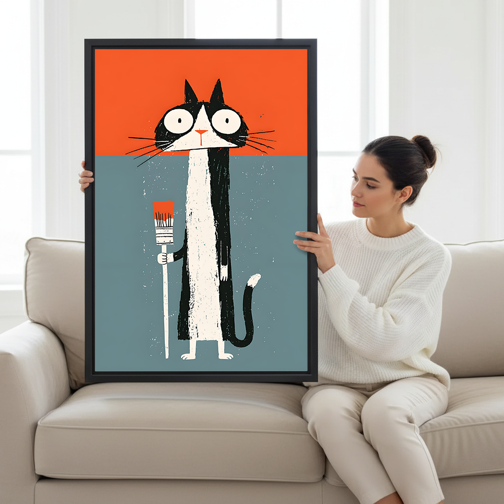 Graphic cat painter canvas wall art displayed above a dining table with bold orange and blue colors
