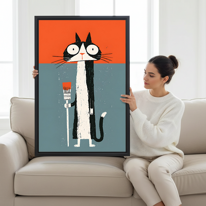 Graphic cat painter canvas wall art displayed above a dining table with bold orange and blue colors