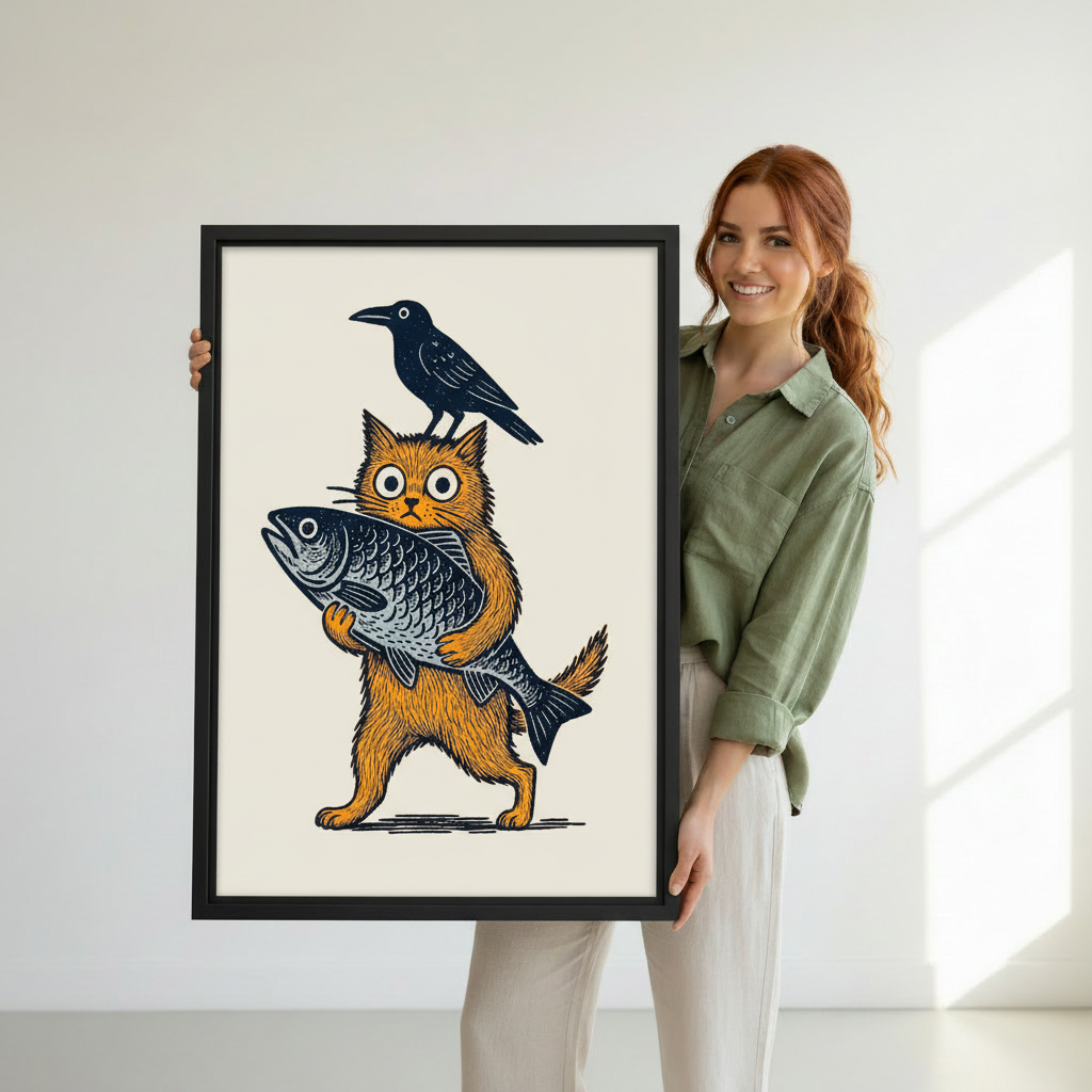 Funny Orange Cat Holding Big Fish Framed Wall Art – Woodcut Folk Art Print for Cat Lovers