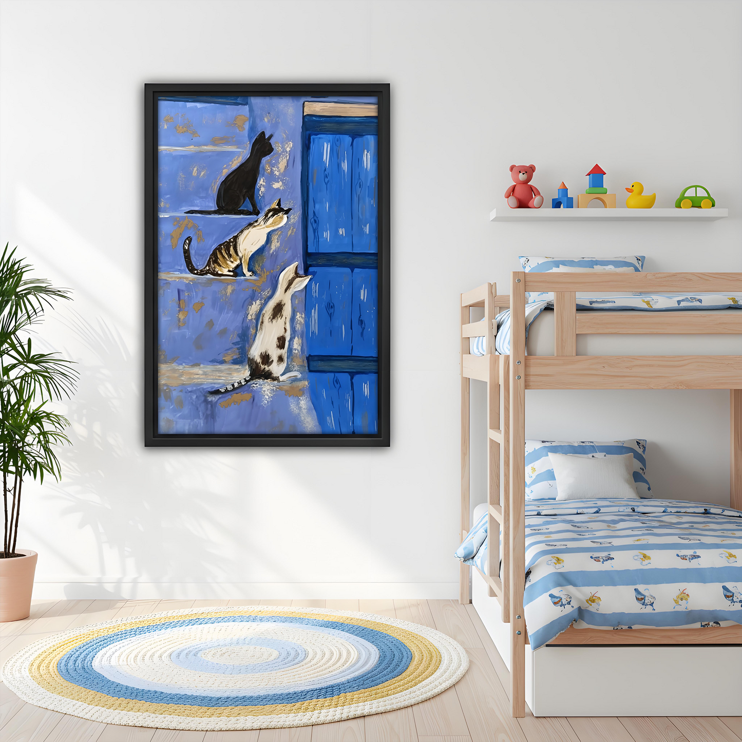Mediterranean Cats Blue Door Framed Canvas Wall Art l2641
