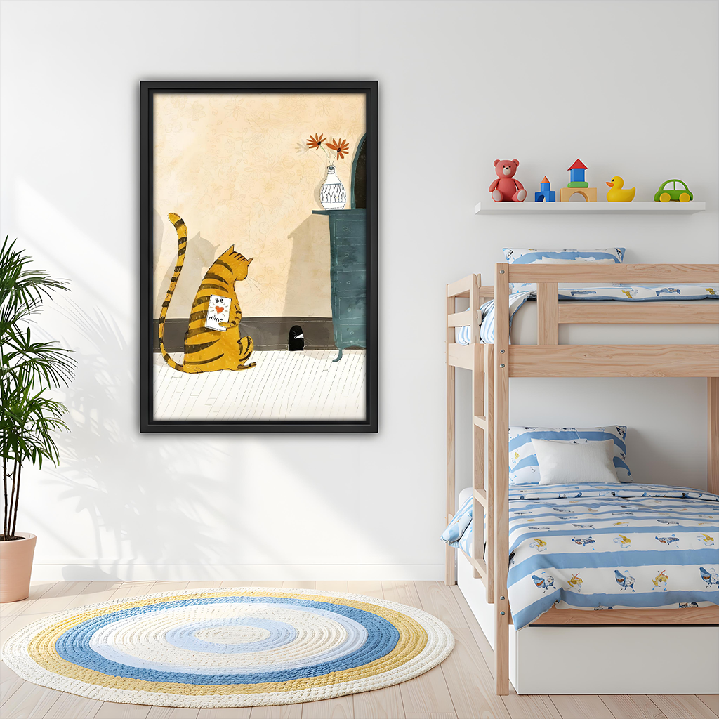 	Cute tabby cat Valentine illustration framed print – kids bedroom whimsical wall art