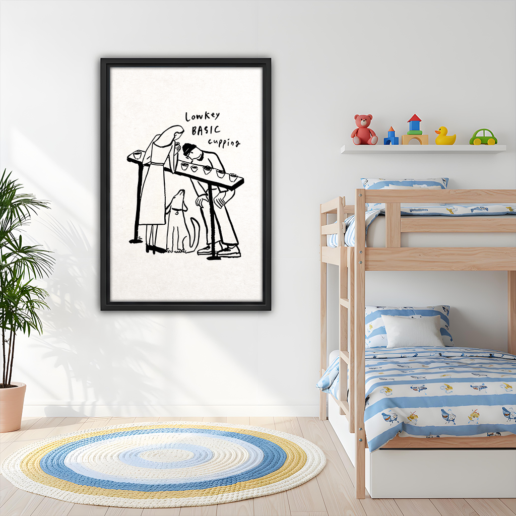 Coffee cupping minimalist line art framed print in kids bedroom, witty barista illustration wall decor