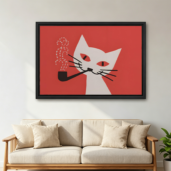 Retro white cat smoking pipe bold red background framed canvas art in black frame above cream sofa with wooden armrests