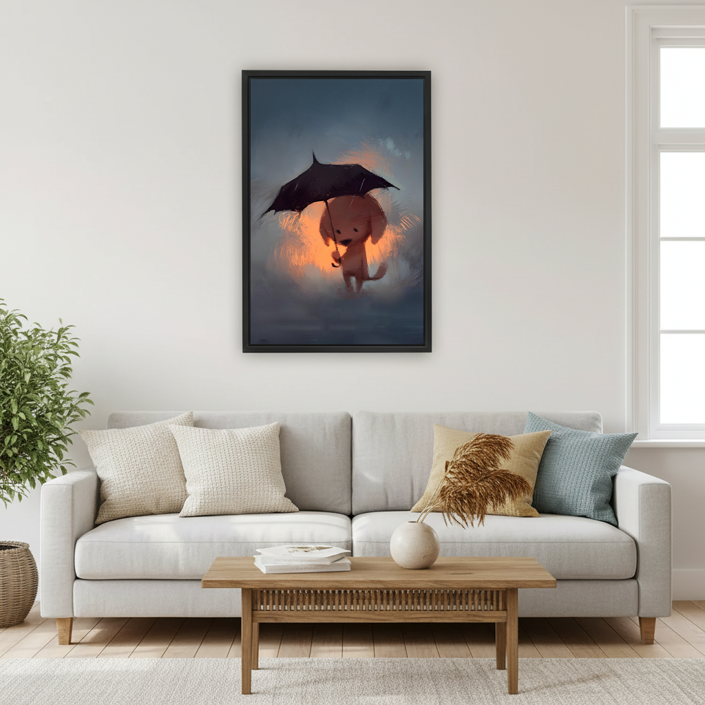 Glowing dog with black umbrella in rainy night fantasy illustration framed wall art above white sofa in modern living room