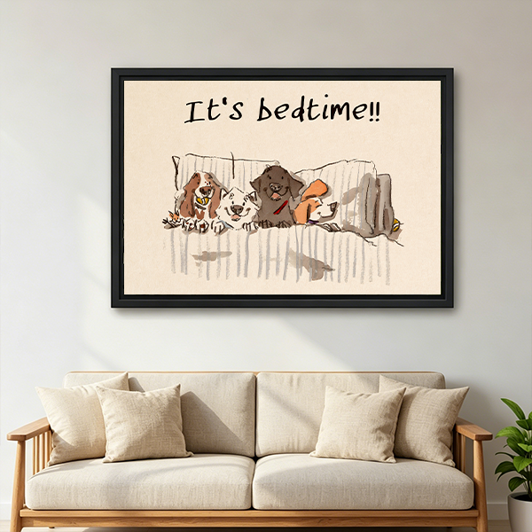 It's Bedtime Dogs Funny Whimsical Framed Canvas Wall Art l2470