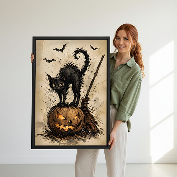 Unframed black cat and pumpkin canvas wall art between potted plants above small wooden tables in a bright corner.
